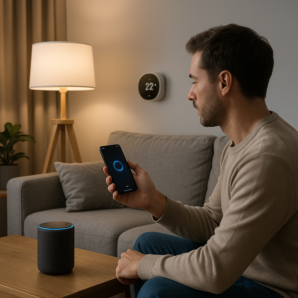 Person steuert Smart-Home-Geräte per KI-Assistent