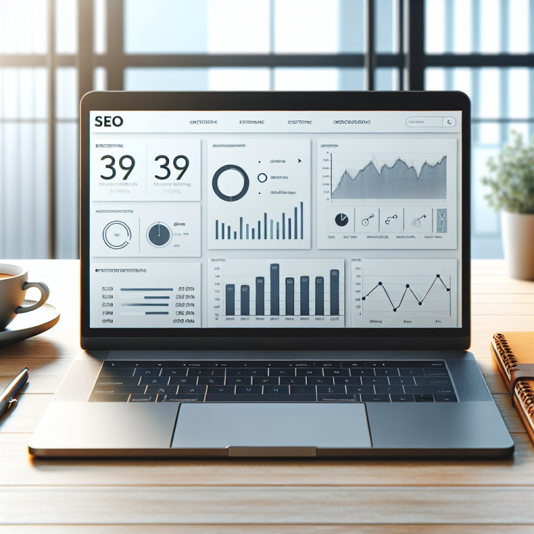 Schreibtisch mit Laptop, der ein SEO-Reporting-Dashboard zeigt