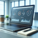 Arbeitsplatz mit Laptop und Performance-Dashboard zur Optimierung der WordPress-Ladegeschwindigkeit